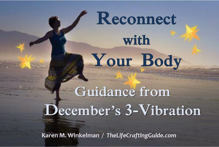 Image of woman dancing on the beach; with the text Reconnect with Your Body: Guidance from December’s 3-Vibration